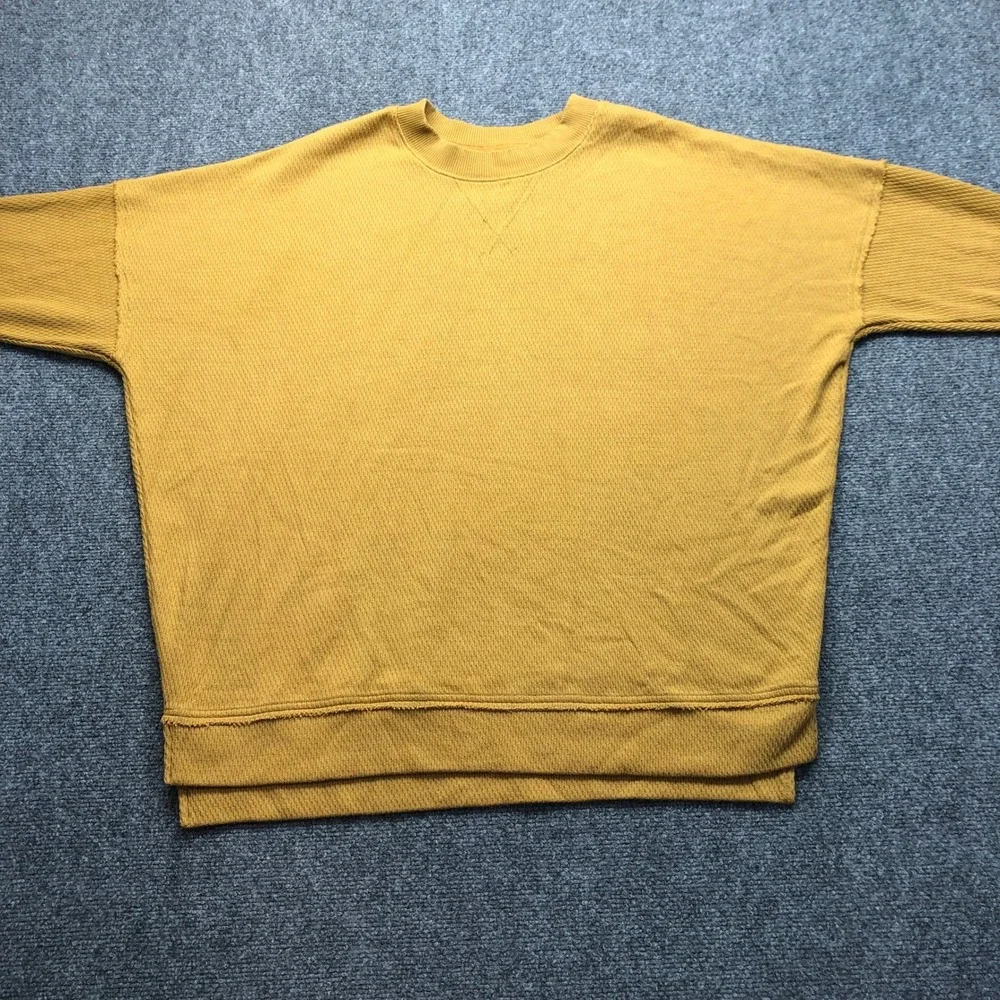 Aerie Womens Mustard Yellow Waffle Knit Oversized Sweatshirt Raw Edge Medium
